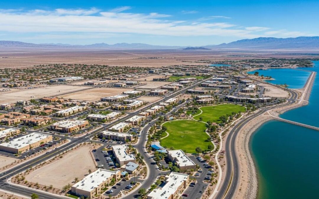 Aerial view of civil engineering developments along the Colorado River in Lake Havasu City, emphasizing waterfront adaptations to local climate challenges.