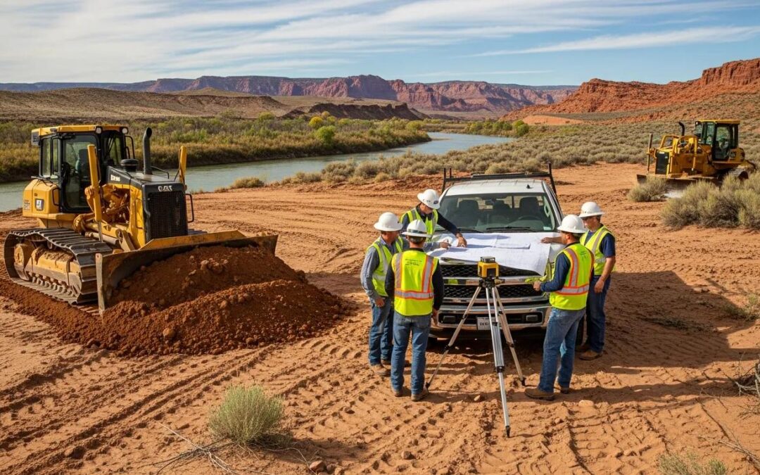 Engineers working on grading and drainage solutions at a construction site in Mesquite, Nevada